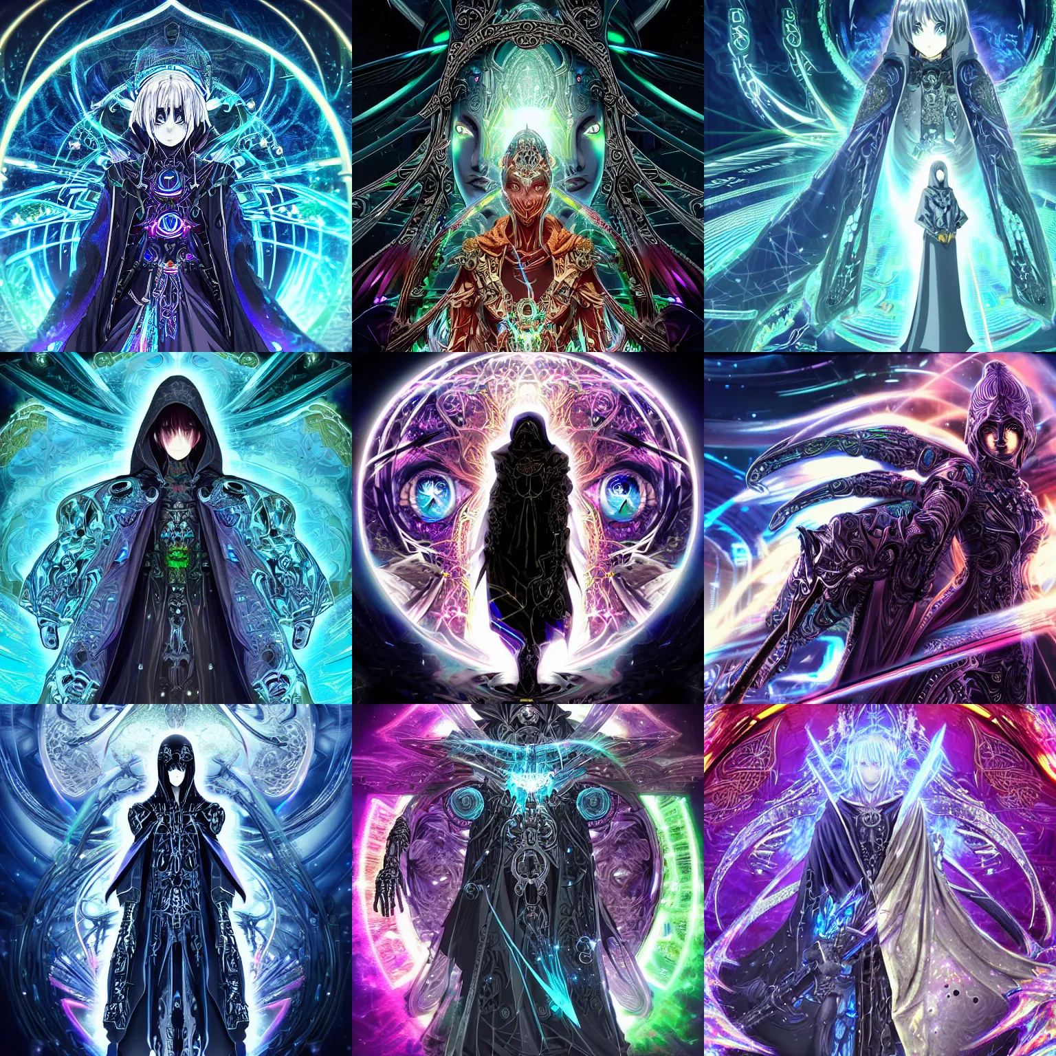 Prompt: Cloaked hooded complex cybernetic omnipotent being with a biological human face, anime CGI style, dark, intricate and ornate, intricate technological ominous warrior, anime in the style of Makoto Shinkai, animated, animation, rich colour and detail, brandishing iridescent legendary cosmic sword, iridescent opalescent pearlescent holographic megastructure background