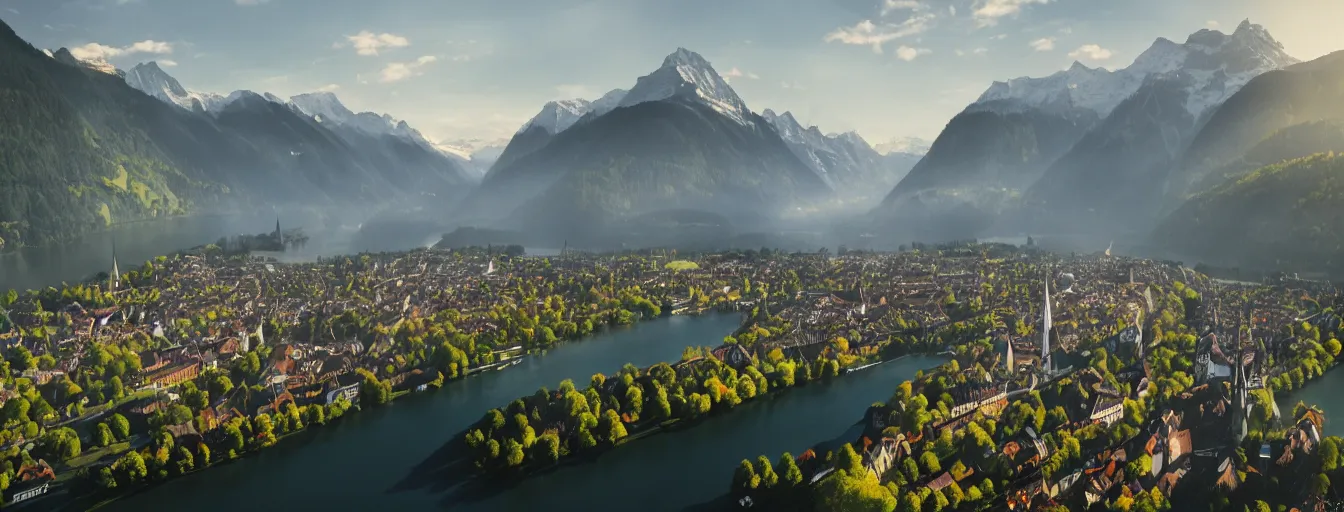 Image similar to Photo of Zurich, looking down the river at the lake and the alps, Hardturm, Grossmünster, wide angle, trees, volumetric light, hyperdetailed, caribean water, artstation, cgsociety, 8k