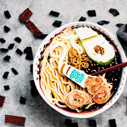 Image similar to ben and jerry's style ramen. photography. food photoshoot. advertisment photography. 4 k. realistic.