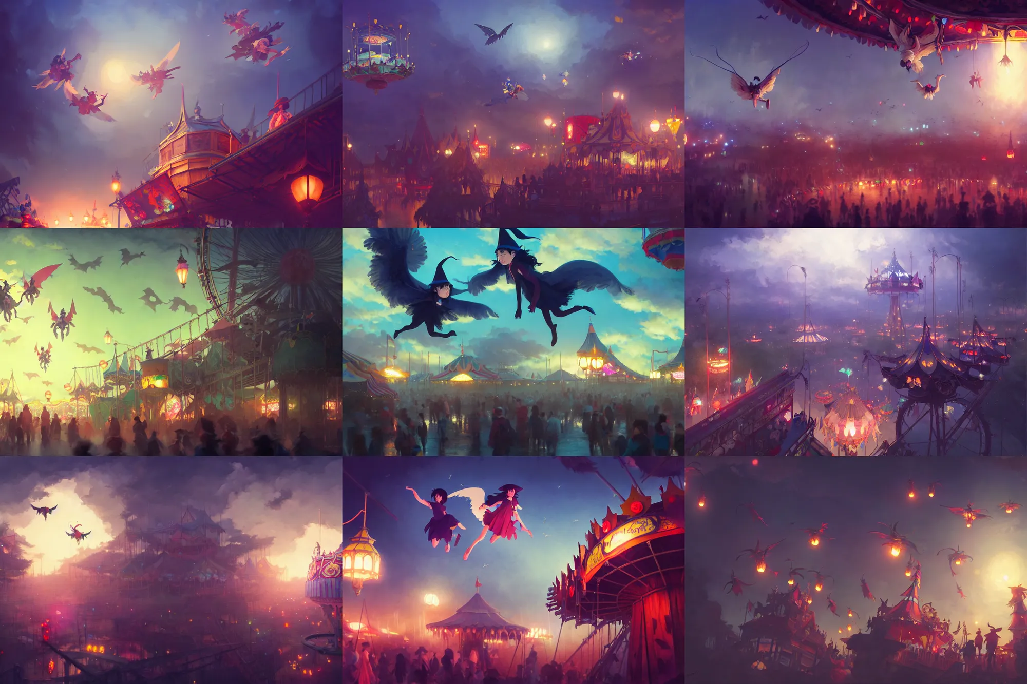 Prompt: young witches flying above exploring a carnival, witchlight carnival amusement park, night time, rim light, studio ghibli style, high octane filter, 8 k, highly detailed, digital painting, concept art, matte, art by ruan jia and wlop and greg rutkowski and makoto shinkai, masterpiece