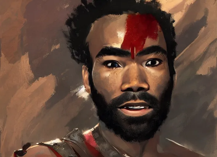 Prompt: a highly detailed beautiful portrait of donald glover as kratos, by gregory manchess, james gurney, james jean