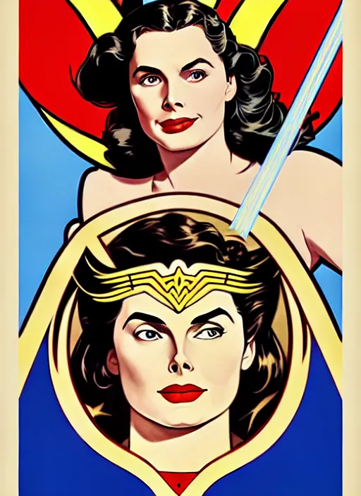 Prompt: well - lit art nouveau portrait of ingrid bergman as wonder woman in the poster for the 1 9 4 8 film'wonder woman versus the robots '. beautiful. powerful, natural lighting, path traced, highly detailed, high quality, cartoon, digital painting, by don bluth and ross tran and studio ghibli and alphonse mucha