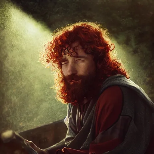 Image similar to side profile of a rugged man with curly red hair wearing a green cloak playing a guitar sitting on a roof top, medieval setting, atmospheric lighting, painted, intricate, volumetric lighting, beautiful, rich deep colours masterpiece, golden hour, sharp focus, ultra detailed, by leesha hannigan, ross tran, thierry doizon, kai carpenter, ignacio fernandez rios