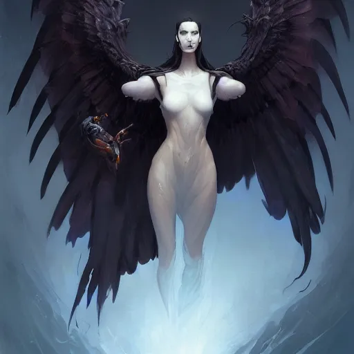 Prompt: character portrait of a modest robed clever dark raven angel with iridescent black raven wings, by Peter Mohrbacher, Mark Brooks, Jim Burns, Marina Abramović, Wadim Kashin, Greg Rutkowski, trending on Artstation