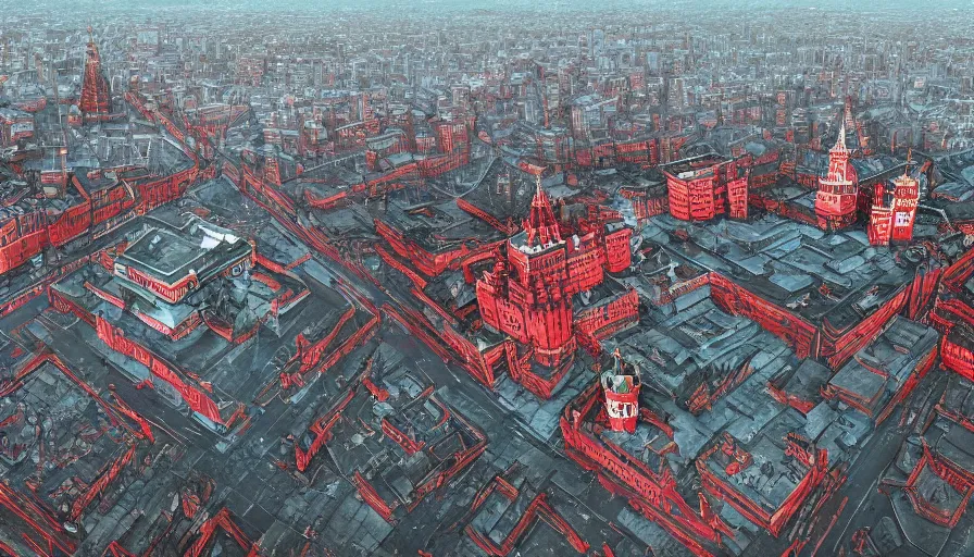 Prompt: Moscow's Red Square destroyed, abandoned and overgrown, hyperdetailed, artstation, cgsociety, 8k