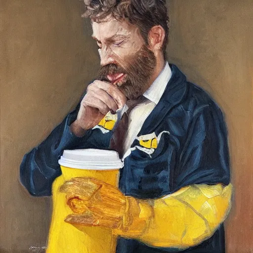 Image similar to tired nightshift man in a bumblebee suit sips a coffee, highly detailed, masterpiece, oil on canvas