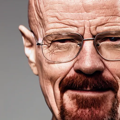 Prompt: Walter White grinning in front of a camera