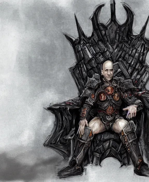 Image similar to a grimdark fantasy concept art portrait of jeff bezos sitting on a dark and evil throne