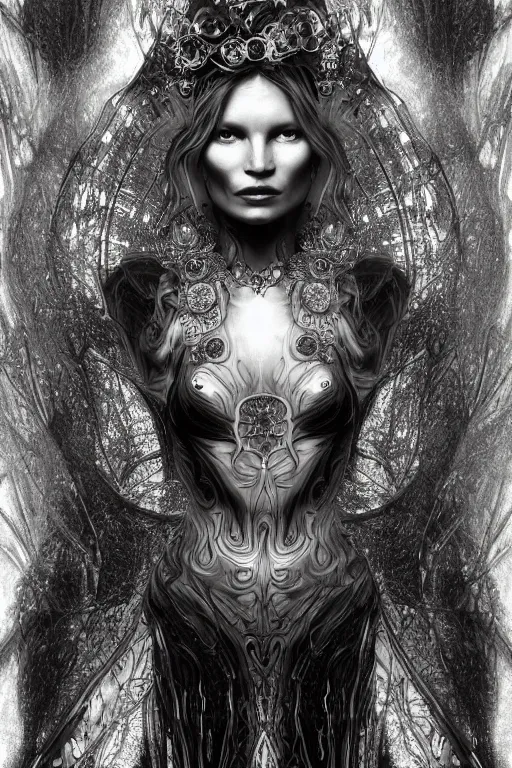 Image similar to a realistic dark photo of a beautiful ancient alien woman goddess kate moss in iris van herpen dress jewelery and fractals in style of alphonse mucha art nuvo dmt trending on artstation made in unreal engine 4