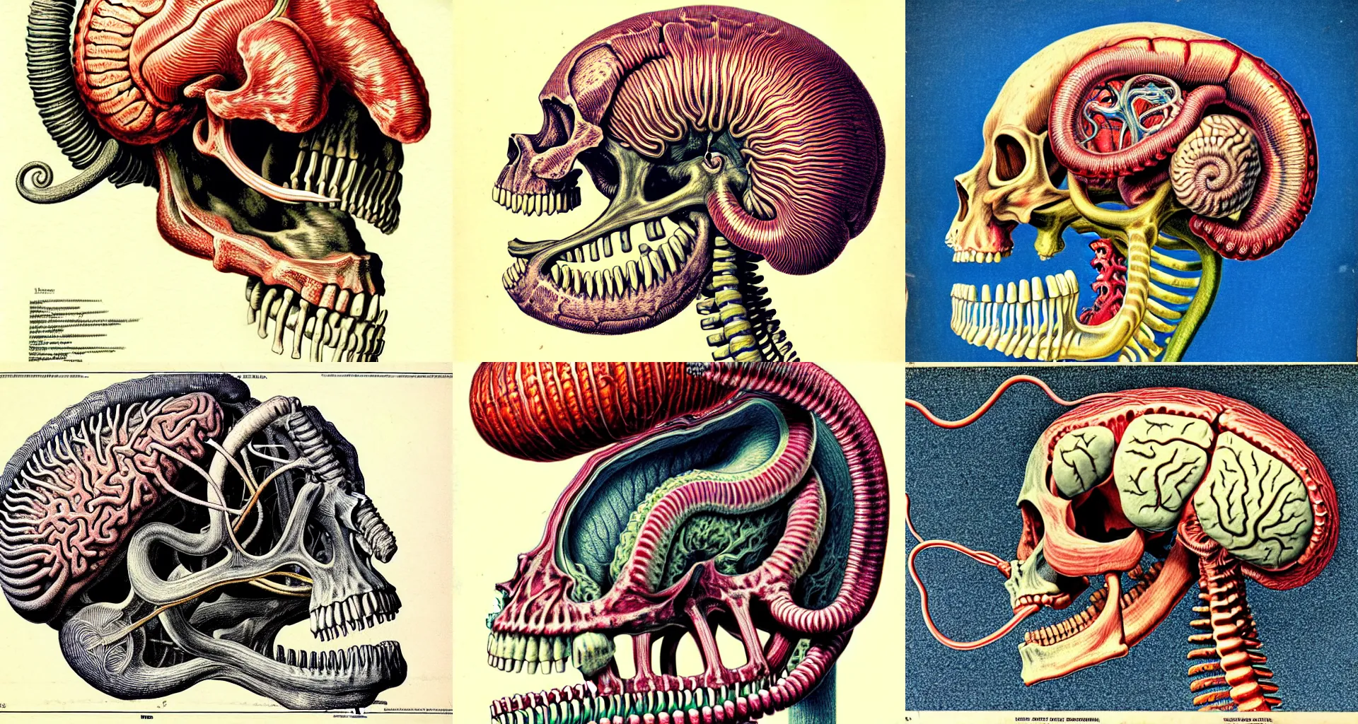 Prompt: hyper-detailed color pencil antique medical illustration of Kaiju head cross-section, nautilus brain, ribcage, xhenomorph, with tentacles coming out of open mouth and exposed jaw bone, spinal column, cerebral corpus callosum, vastus lateralis, cerebellar peduncle, interventricular foramen, symmetrical H 768