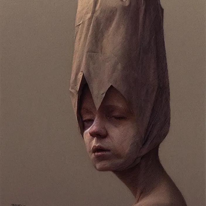 Prompt: woman portrait with a paper bag over the head, highly detailed, artstation, art by zdislav beksinski, wayne barlowe, edward hopper