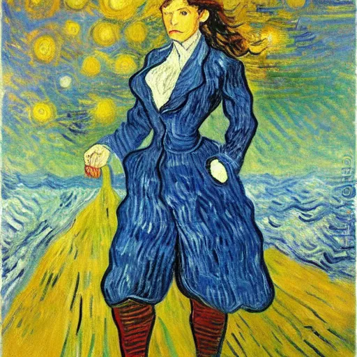 Prompt: Portrait painting of modern Vincent Van Gogh cosplaying as Gal Godot Wonder Woman Superhero by Claude Monet, original Post Impressionist art