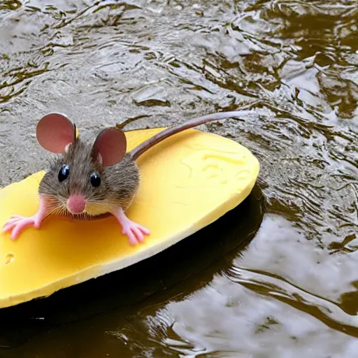 Prompt: mouse on a raft made of cheese floating down the river