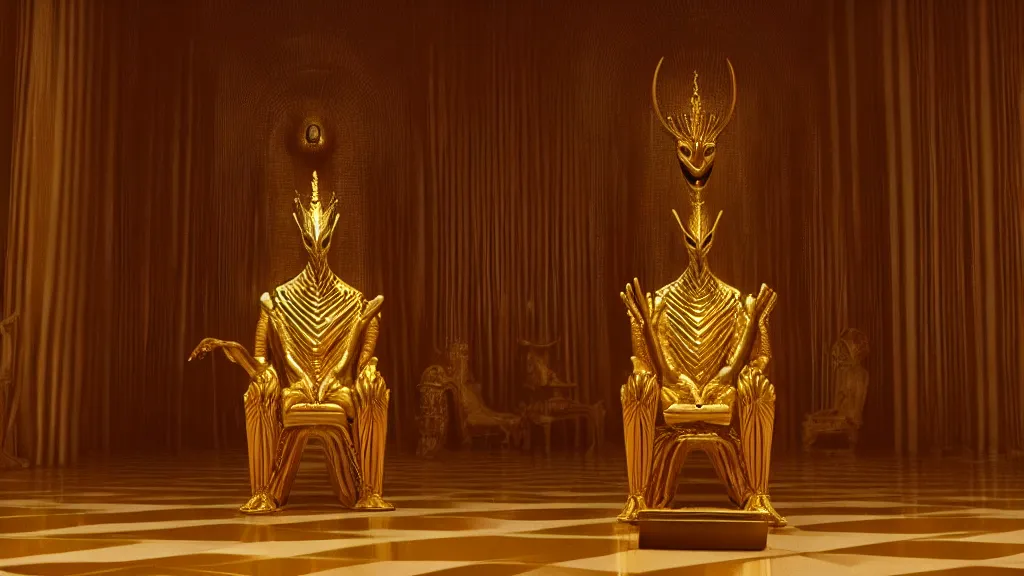 Prompt: a strange creature sits on a golden art deco throne, film still from the movie directed by Denis Villeneuve with art direction by Zdzisław Beksiński, symmetrical, wide lens