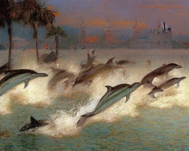 Image similar to dolphins swimming and jumping in venice, painting by gaston bussiere, craig mullins