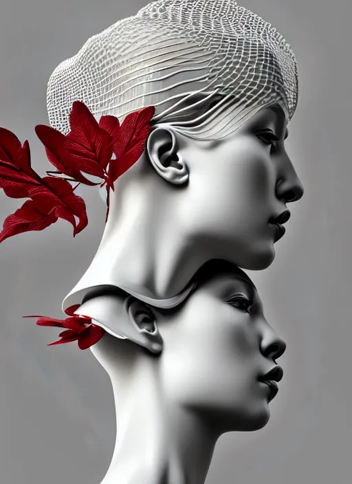 Image similar to complex 3d render ultra detailed of a beautiful porcelain profile young woman face, biomechanical cyborg, 200 mm lens, beautiful studio soft light, rim light, silver white gold red details, cubist magnolia monochromatic red big leaves and stems, roots, fine foliage lace, mesh wire, Alexander Mcqueen high fashion haute couture, art nouveau fashion embroidered, multilayered fabrics, intricate details, hyper realistic, ultra detailed, mandelbrot fractal, anatomical, facial muscles, cable wires, microchip, elegant, octane render, H.R. Giger style, black eyes, plump lips, volumetric lighting, 8k post-production, trending on Artstation