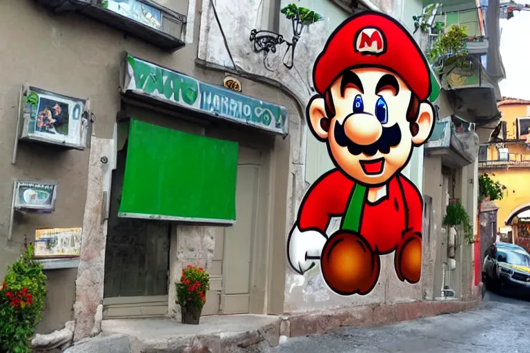 Image similar to An Italian restaurant using mario as it's mascot on the sign