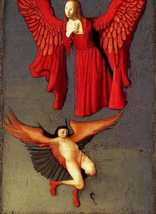 Image similar to Flying Fallen Angel with wings dressed in red, Medieval painting by Jan van Eyck, Johannes Vermeer, Florence