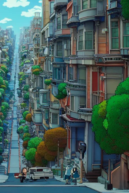 Image similar to still from studio ghibli movie'alone in san francisco'; very detailed, focused, colorful, antoine pierre mongin, trending on artstation ; 8 k ;