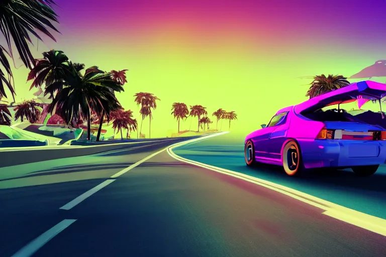 Prompt: render of a nissan driving along the coast highway, synthwave, outrun, 8 0 s, stylistic, neon, palms, 8 k wallpaper, digital art, trending on artstation