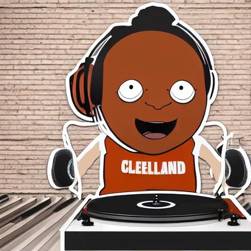 Image similar to svg sticker of a Dancing-Cleveland Brown, at a rave, spinning records, giant headphones rocking out, wearing headphones, huge speakers, dancing, rave, DJ, spinning records, digital art, amazing composition, rule-of-thirds, award-winning, trending on artstation, featured on deviantart