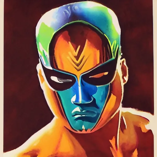 Image similar to photorealistic picture, by bob peak and alex ross, rey mysterio wwf debut, gouache and wash paints, fine details, fine intricate, fine facial proportionate, fine body proportionate, fine fix broken line, fine fix duplicate line, fine background proportionate, smooth focus, sharp details, bokeh, 4 k, fine 5 k details