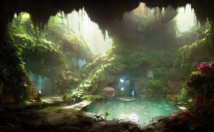 Image similar to painting of an interior of a hidden hotspring in a cave, fantasy, lush plants and flowers, natural light, concept art, by greg rutkowski and craig mullins, cozy atmospheric and cinematic lighting, trending on artstation