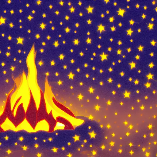 Prompt: a crackling fire in front of a dark background of yellow illustrated stars, astrophotography, photograph with flat color elements