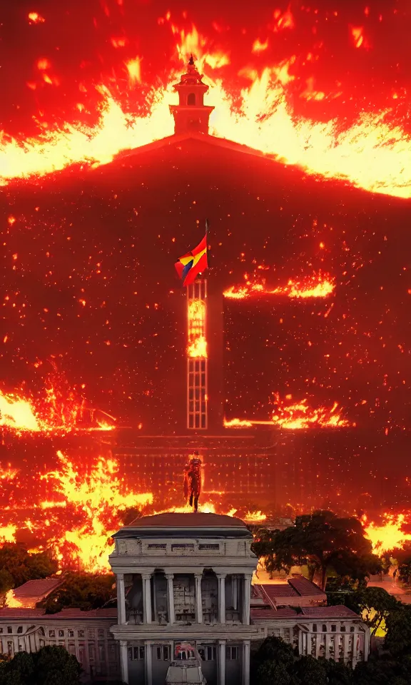 Prompt: The presidential palace in Santiago of Chile about to be attacked by the colossal titan from Attack on Titan. Drone Photography. 4k ultra hd. Portrait. Dramatic. Santiago in flames as background.