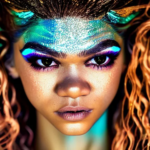 Image similar to Zendaya as mermaid, grungy, unkept hair, glowing eyes, modelsociety, radiant skin, huge anime eyes, RTX on, perfect face, intricate, Sony a7R IV, symmetric balance, polarizing filter, Photolab, Lightroom, 4K, Dolby Vision, Photography Award