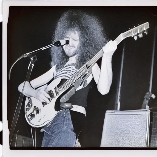 Image similar to Girl holding guitar, girl using electric guitar, long shaggy-haired rocker, wearing denim, proto-metal concert, stoner rock, live concert, 1972, super 8mm, Polaroid