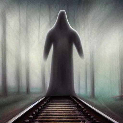 Image similar to ominous bedsheet ghost standing on train tracks in the forest, oil painting, brush strokes, gloomy foggy atmosphere, symmetrical, full body image, highly ornate intricate details,