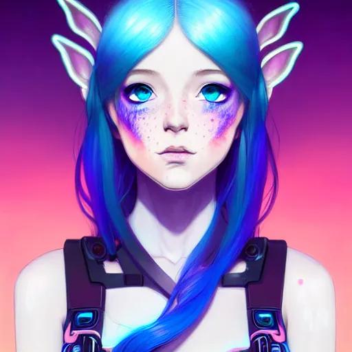 Image similar to art championship winner trending on artstation portrait of a goddess elven mecha warrior princess, head and shoulders, blue hair, matte print, pastel neon, cinematic highlights, lighting, digital art, cute freckles, digital painting, fan art, elegant, pixiv, by Ilya Kuvshinov, daily deviation, IAMAG, illustration collection aaaa updated watched premiere edition commission ✨✨✨ whilst watching fabulous artwork \ exactly your latest completed artwork discusses upon featured announces recommend achievement