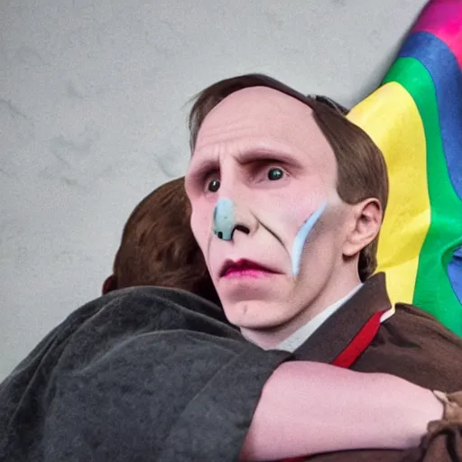 Image similar to harry potter hugging voldemort pride flag in background