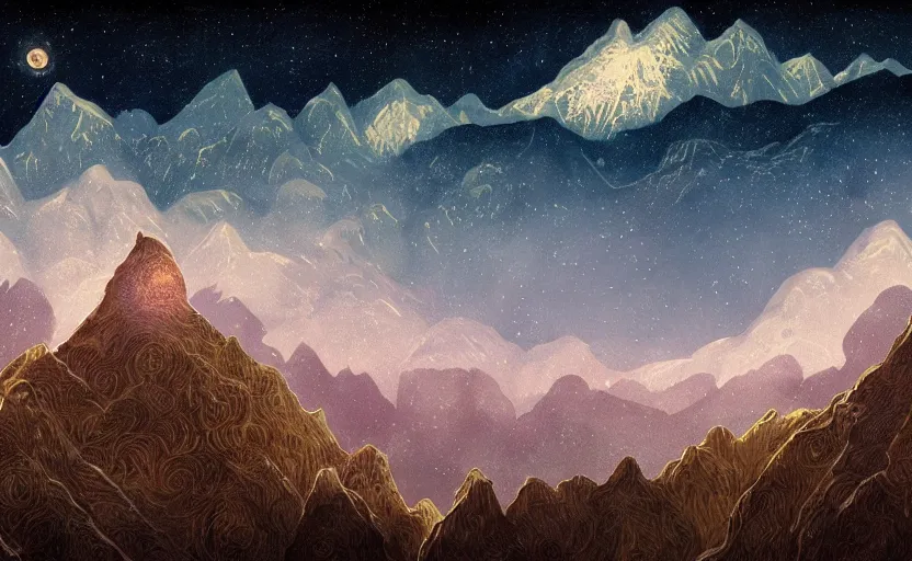 Image similar to mountains, stars and paisley filled sky, artstation, intricate, highly detailed, digital painting, concept art, sharp focus, illustration by Benjamin Lacombe and Charles Williams