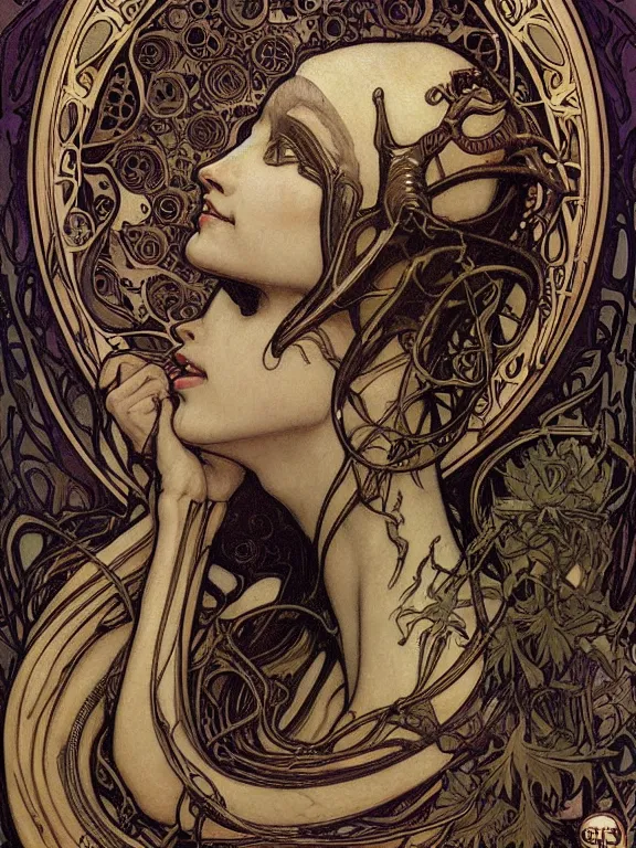 Prompt: an art nouveau mucha poster style head and shoulders profile portrait oil painting of the giger's alien queen xenomorph, intricate, detailed, smooth, complex, elaborate, by alphonse mucha and james gurney and john william waterhouse and bouguereau