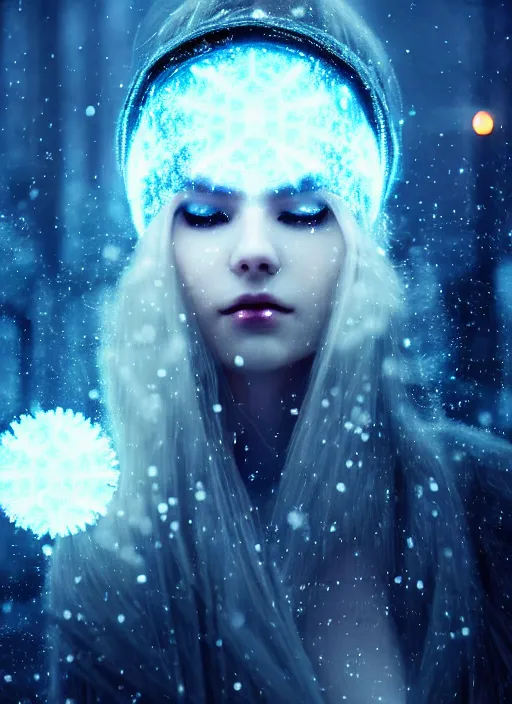 Prompt: a beautiful white sorceress with snowflakes on her hair, snow particles, bokeh, glowing light orbs, intricate concept art, elegant, smooth, illuminated lines, outrun, vaporware, dark background, cyberpunk darksynth, ethereal, ominous, misty, 8 k, rendered in octane, by ruan jia and jeremy mann