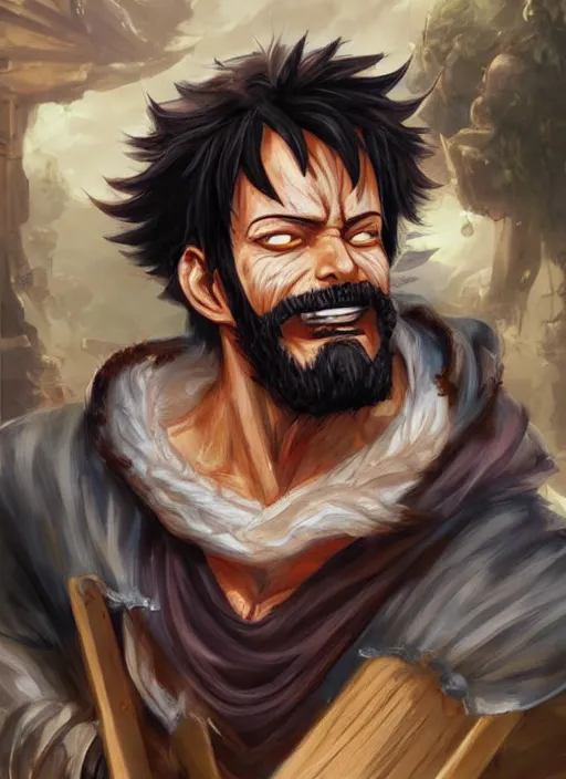 Image similar to luffy as _ fantasy _ style _ portrait _ painting _ of middle eastern male brown wavy hair beard, rpg dnd oil _ painting _ unreal _ 5 _ daz. _ rpg _ portrait _ extremely _ detailed _ artgerm _ greg _ rutkowski _ greg