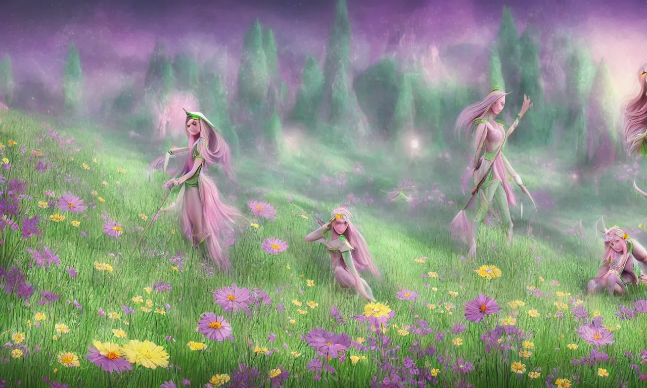 Prompt: elves, meadow flowers, pastel colors, nordic noire, cityscape, digital art, 3 d illustration