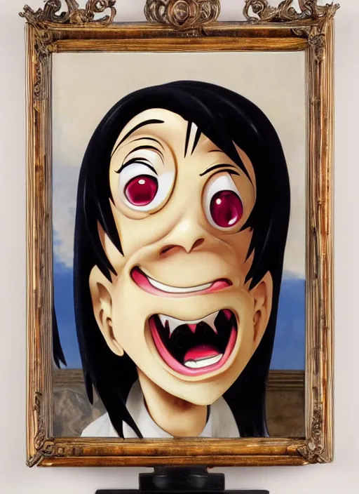 Image similar to a grotesque oil painting of an anime girl figurine caricature with a big dumb grin featured on Ren and Stimpy by Caravaggio