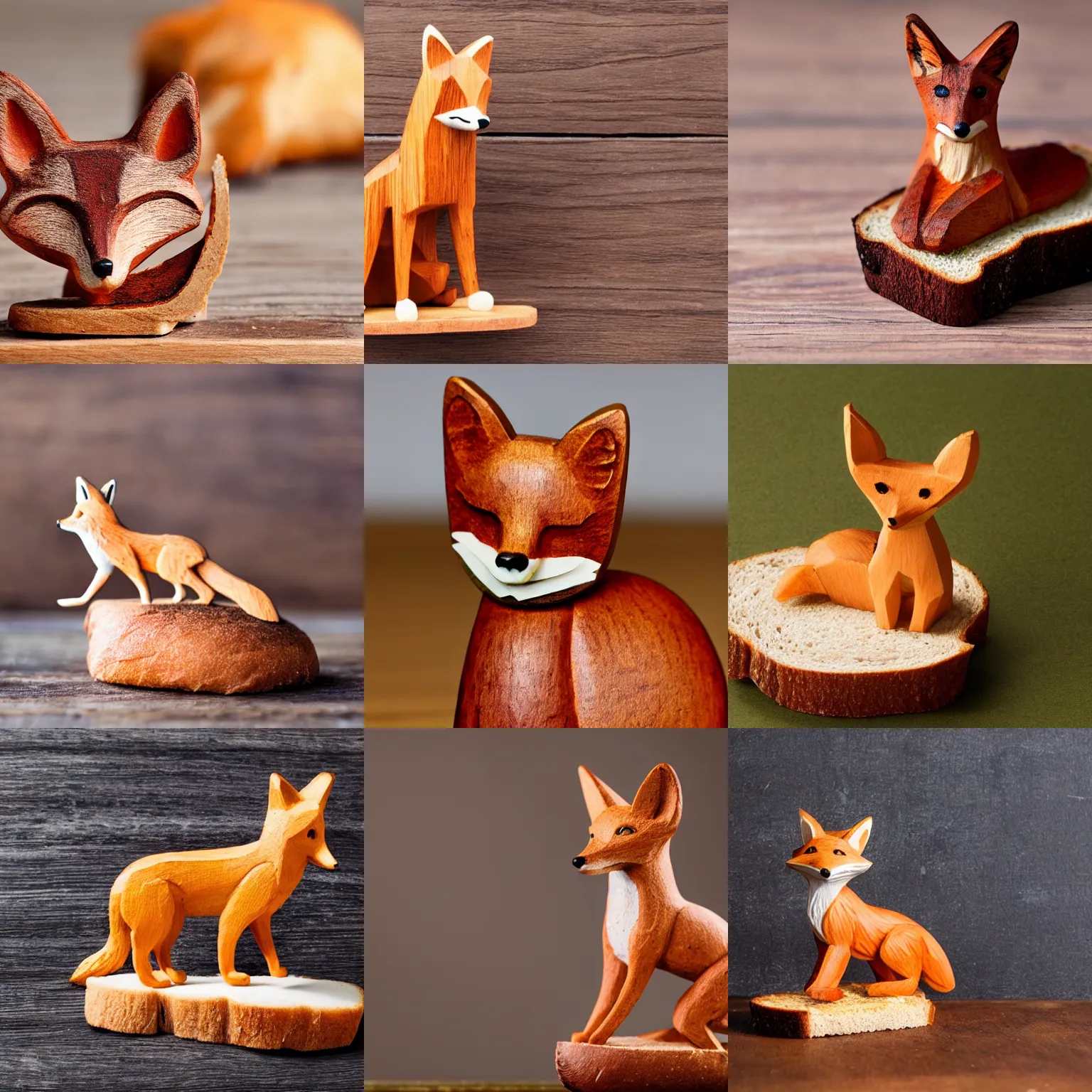 Prompt: A wooden statuette of a fox on a piece of bread. solid Background.