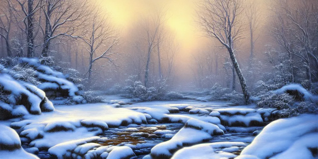Prompt: a painting of a winter scene with a stream, an airbrush painting by terry redlin, deviantart, fantasy art, oil on canvas, airbrush art, matte painting