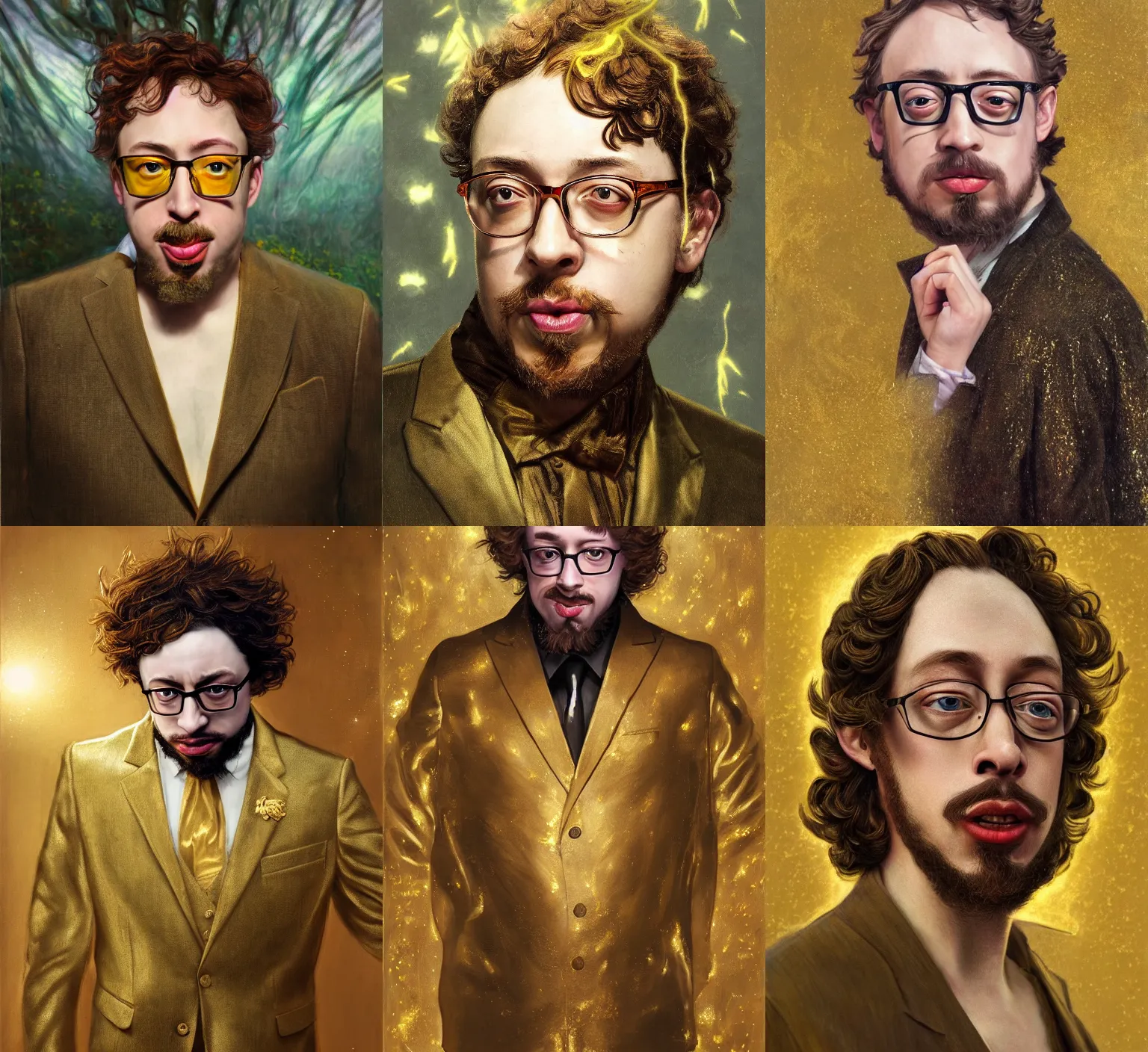 Prompt: sam hyde wearing luxurious gold suit, sigma male, accurately portrayed, portrait art by tran nguyen and claude monet, highly detailed, illustration, ethereal lighting with twilight rays of lightning, very detailed, smooth, sharp focus, octane render, close up