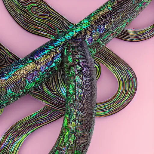 Prompt: highly textured iridescent-pearlescent-black-snakes wrapped around each other, 3D, digital art, octane render, blender cycles, photorealistic, sharpened, repeating patterns, 4k-ultra-hd, high dynamic range