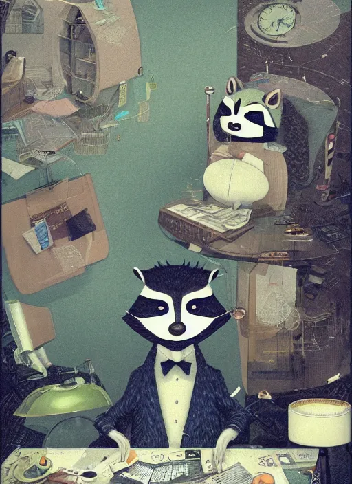 Image similar to a surreal illustration portrait of an anthropomorphic raccoon accountant, by victo ngai, by stephen gammell, by george ault, in the style of animal crossing, artstation