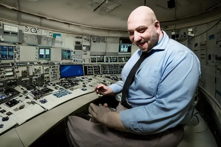 Image similar to heavyset bald man wearing a white shortsleeved shirt and blue jeans working in a nuclear silo control room by Emmanuel Lubezki