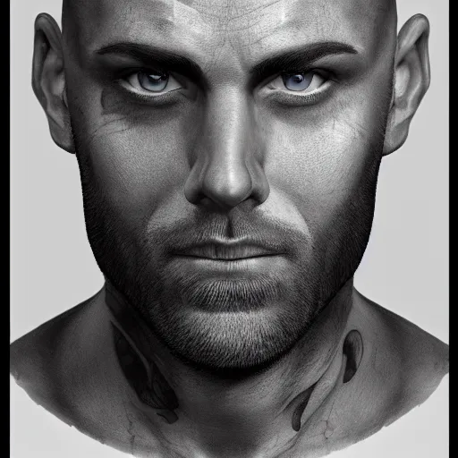 Image similar to a detailed full body portrait of a face tattoed man, digital concept art illustration, incredibly detailed and realistic, 8 k, sharp focus