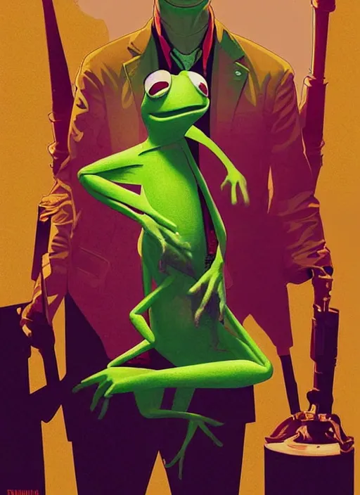 Image similar to poster artwork by Michael Whelan and Tomer Hanuka, Karol Bak of portrait of Kermit the Frog, from scene from Reservoir Dogs, clean