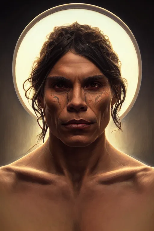 Image similar to symmetry!! portrait of zahn mcclarnon, machine parts embedded into face, intricate, elegant, highly detailed, digital painting, artstation, concept art, smooth, sharp focus, illustration, art by artgerm and greg rutkowski and alphonse mucha, 8 k