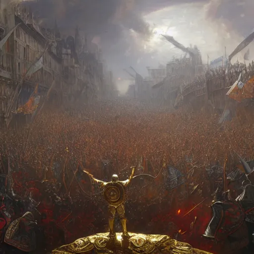 Image similar to artstation concept of a man in armor standing in a crowd gettig cheered, man with arms wide open, bright colorful, gold, hyperdetailed, artstation trending, world renowned artists, worth 1 0 0 0. com, historic artworks society, antique renewel, cgsociety, by greg rutkowski, by gustave dore, deviantart